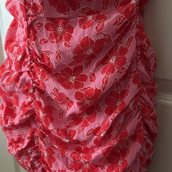 Zara Womens Pink‎ Red Floral Ruched Bodycon Mini Dress Sz Med Summer 💕 - Picture 11 of 14